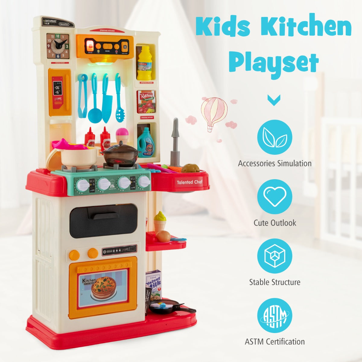 Pink Kids Play Kitchen Set featuring 65 pieces for interactive, imaginative play at home.