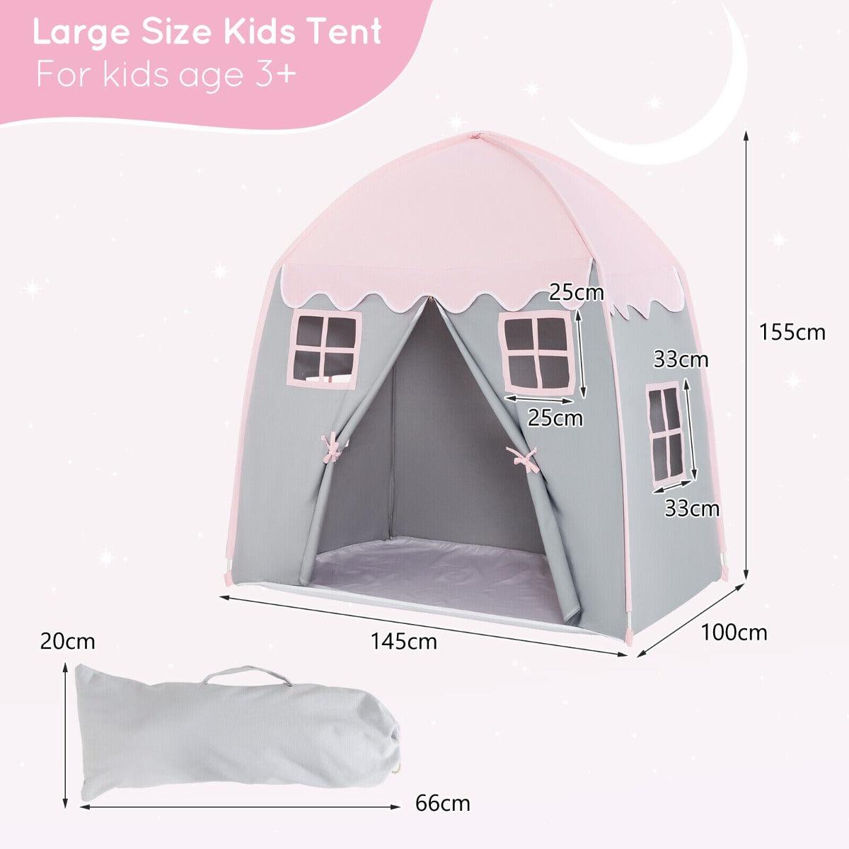 Princess play tent with pink fairy design, ideal for indoor/outdoor imaginative play for kids.