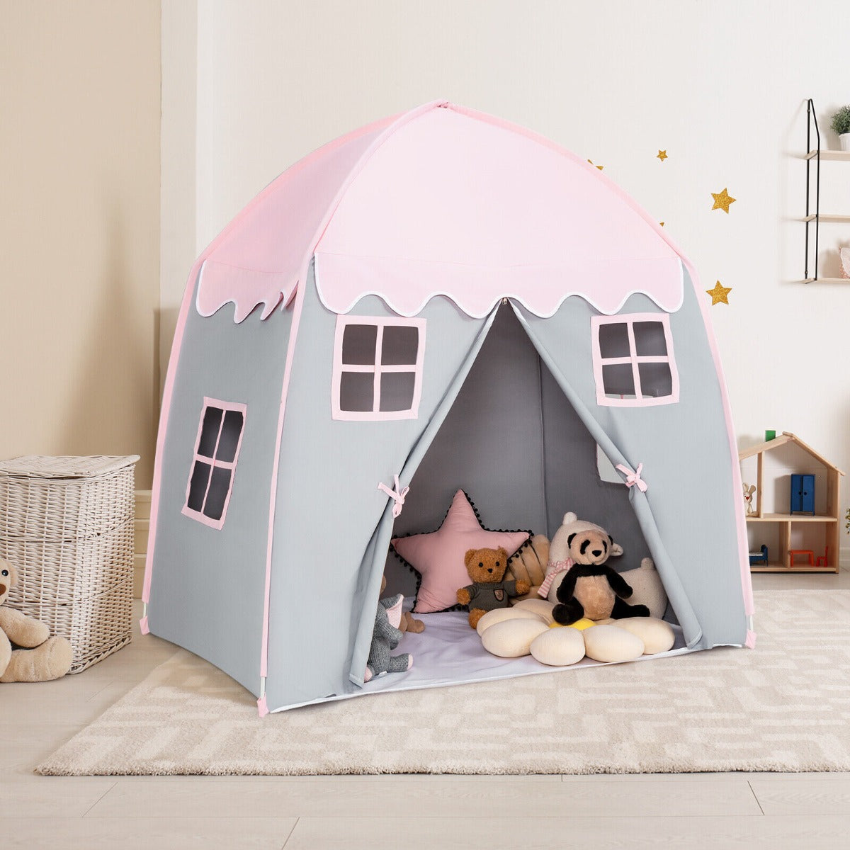 Indoor/outdoor pink fairy playhouse tent, perfect for imaginative princess play at home.