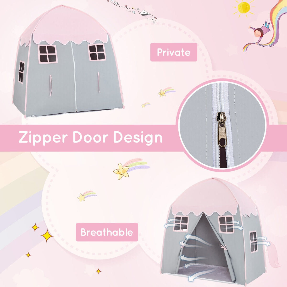 Indoor/outdoor pink fairy play tent for kids, creating a magical princess playhouse experience.