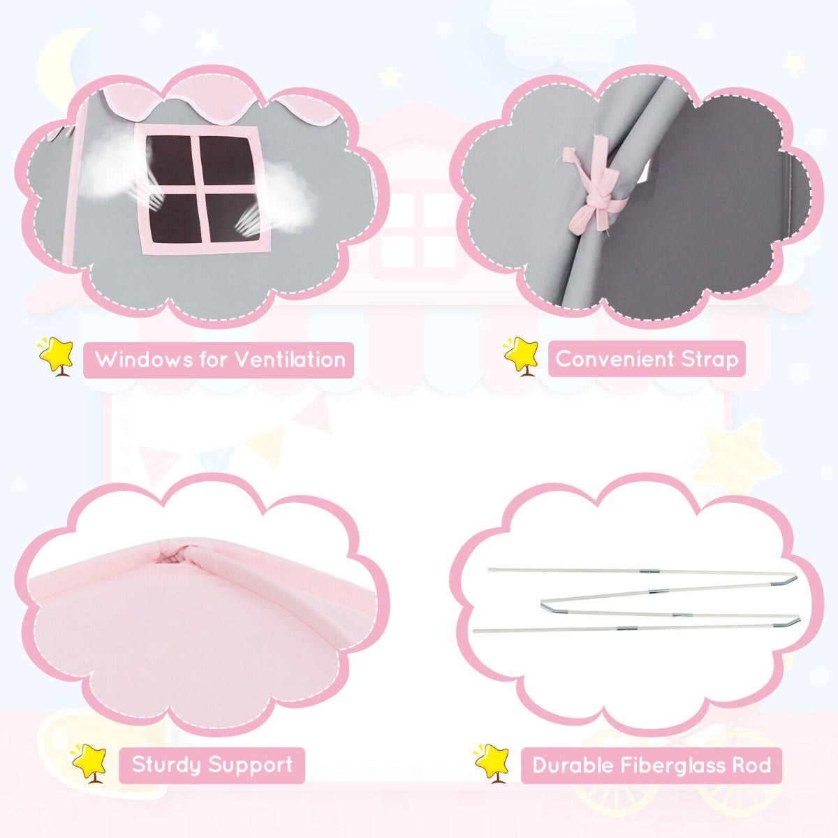 Princess play tent with pink fairy design for imaginative indoor/outdoor play for kids.