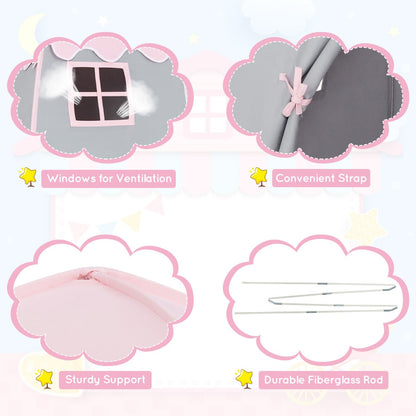 Princess play tent with pink fairy design for imaginative indoor/outdoor play for kids.