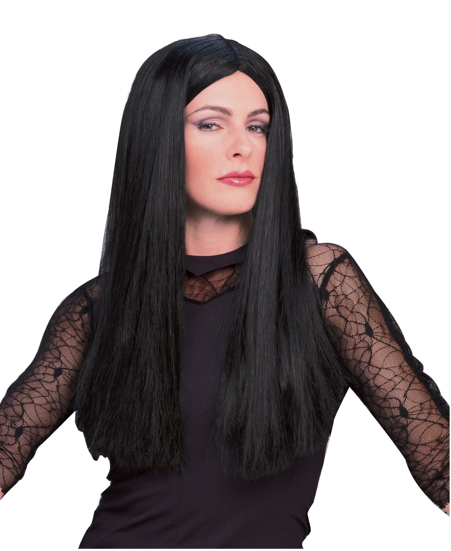 Morticia Addams black wig, adult size, licensed costume accessory for spooky dress-up fun.