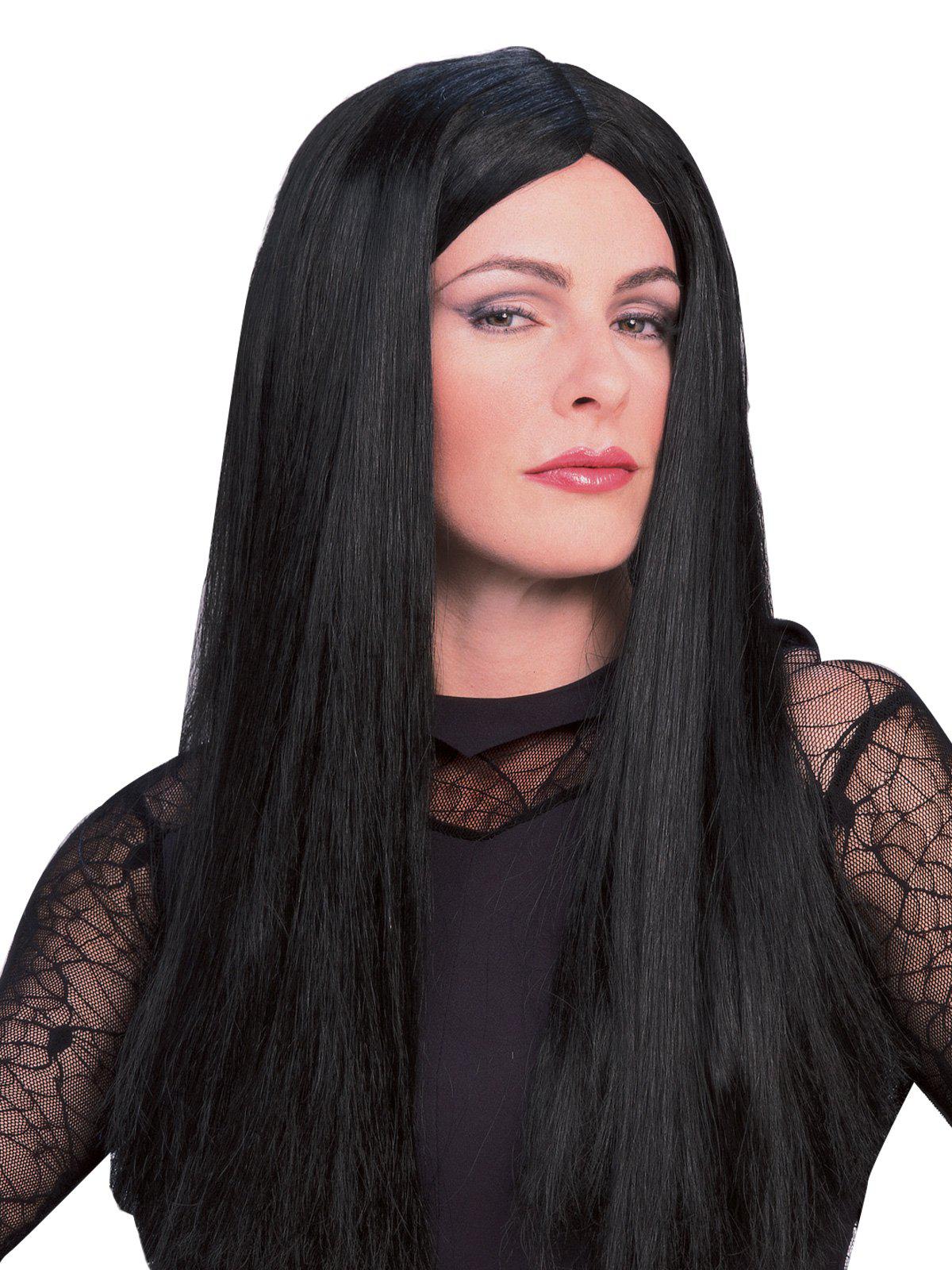 Licensed Morticia Addams adult wig for Halloween costume, iconic black style for spooky fun.