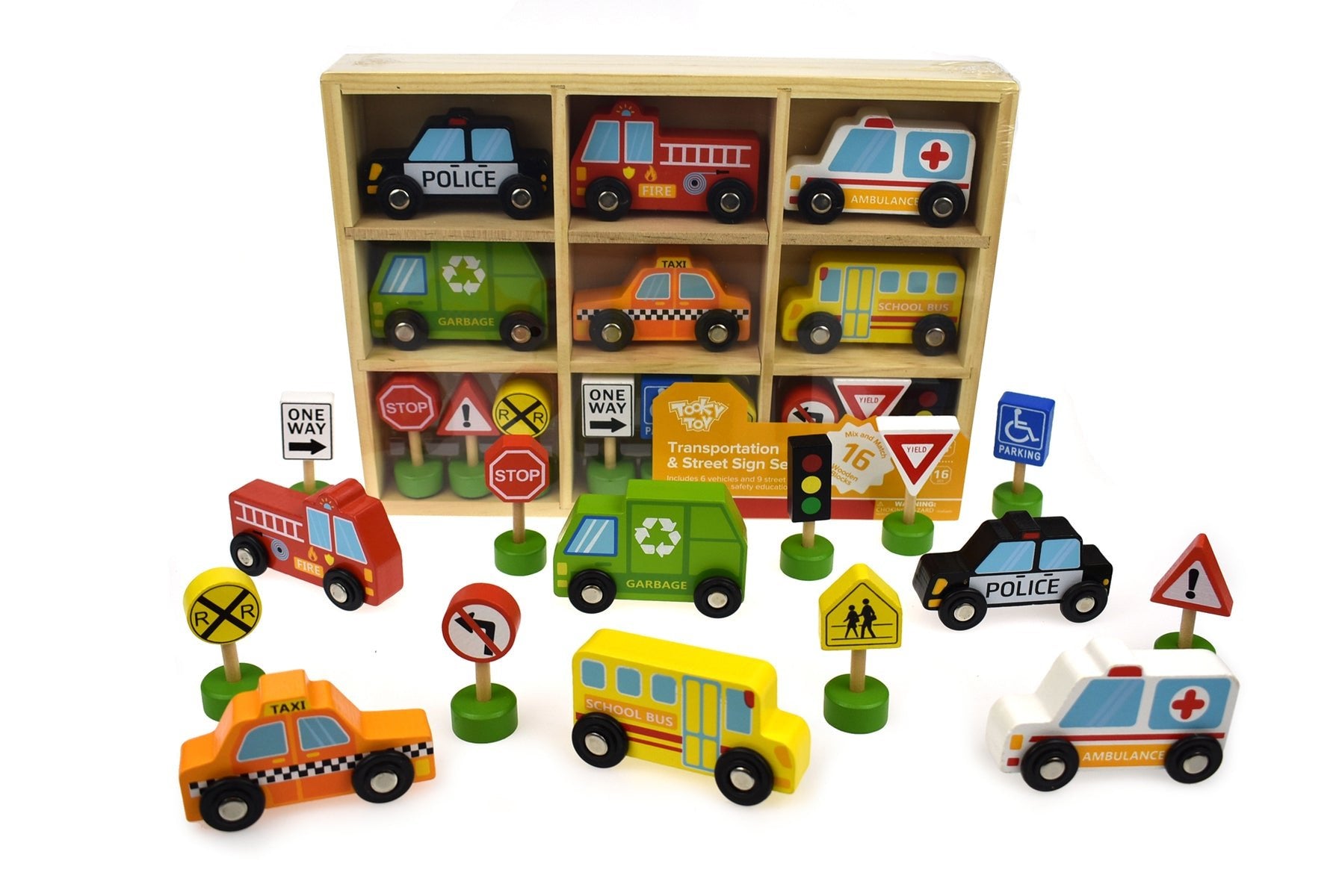 A collection of wooden toy vehicles and street signs