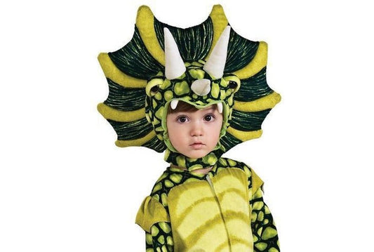 Kids Triceratops Dinosaur Costume with realistic 3D features for imaginative play at home.