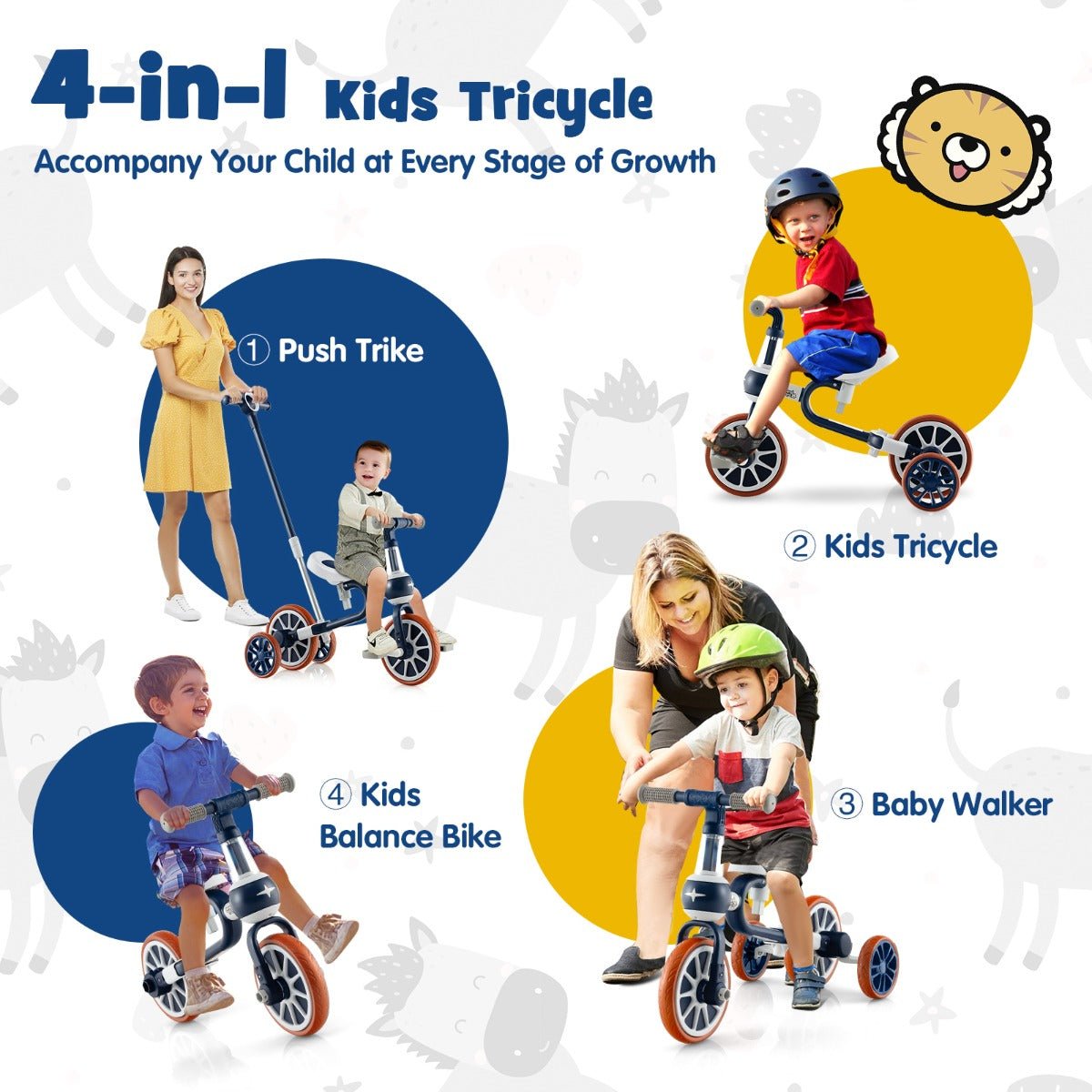 4 in 1 Kids Tricycle Adjustable Navy Blue Bike for Ages 2 4