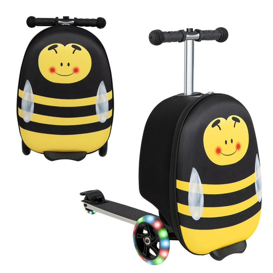 Yellow kids skateboard luggage with light-up wheels, perfect for travel and play.