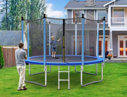 12FT outdoor trampoline with safety net and ladder for safe, fun kids jumping at home.