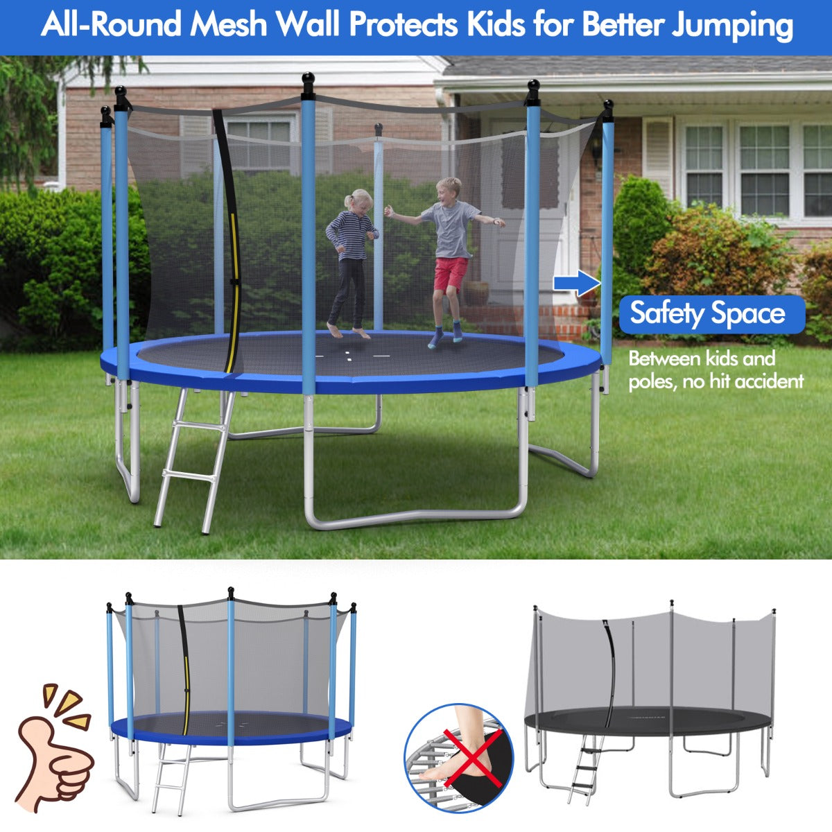 12FT Kids Trampoline with Safety Net and Ladder for outdoor fun and exercise