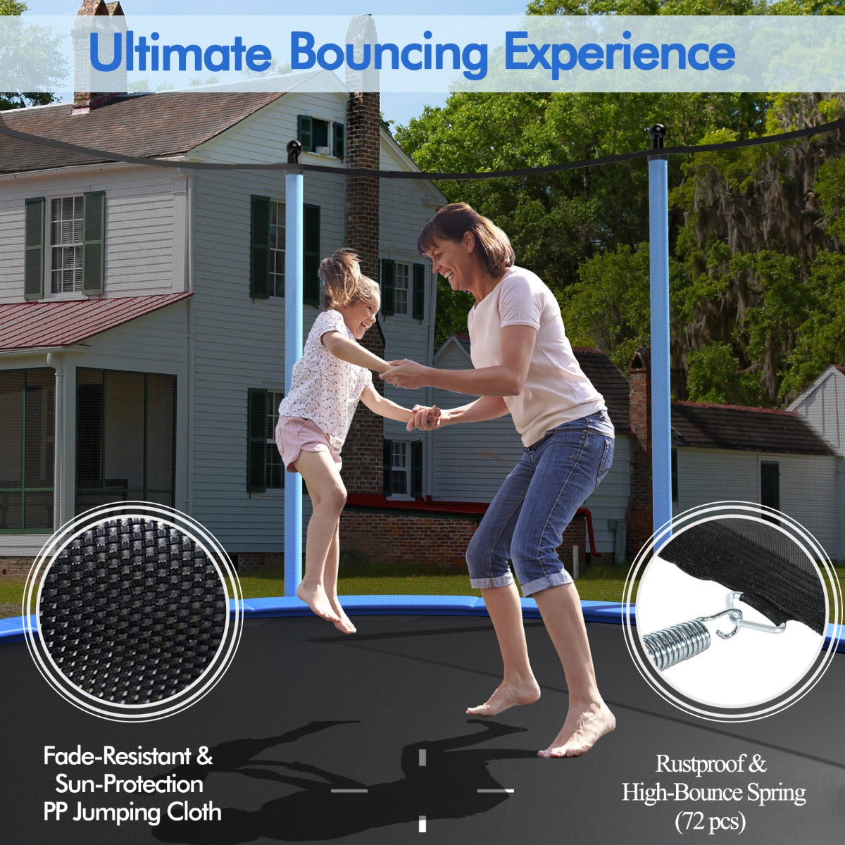 12FT kids trampoline with safety net and ladder for outdoor play and exercise.