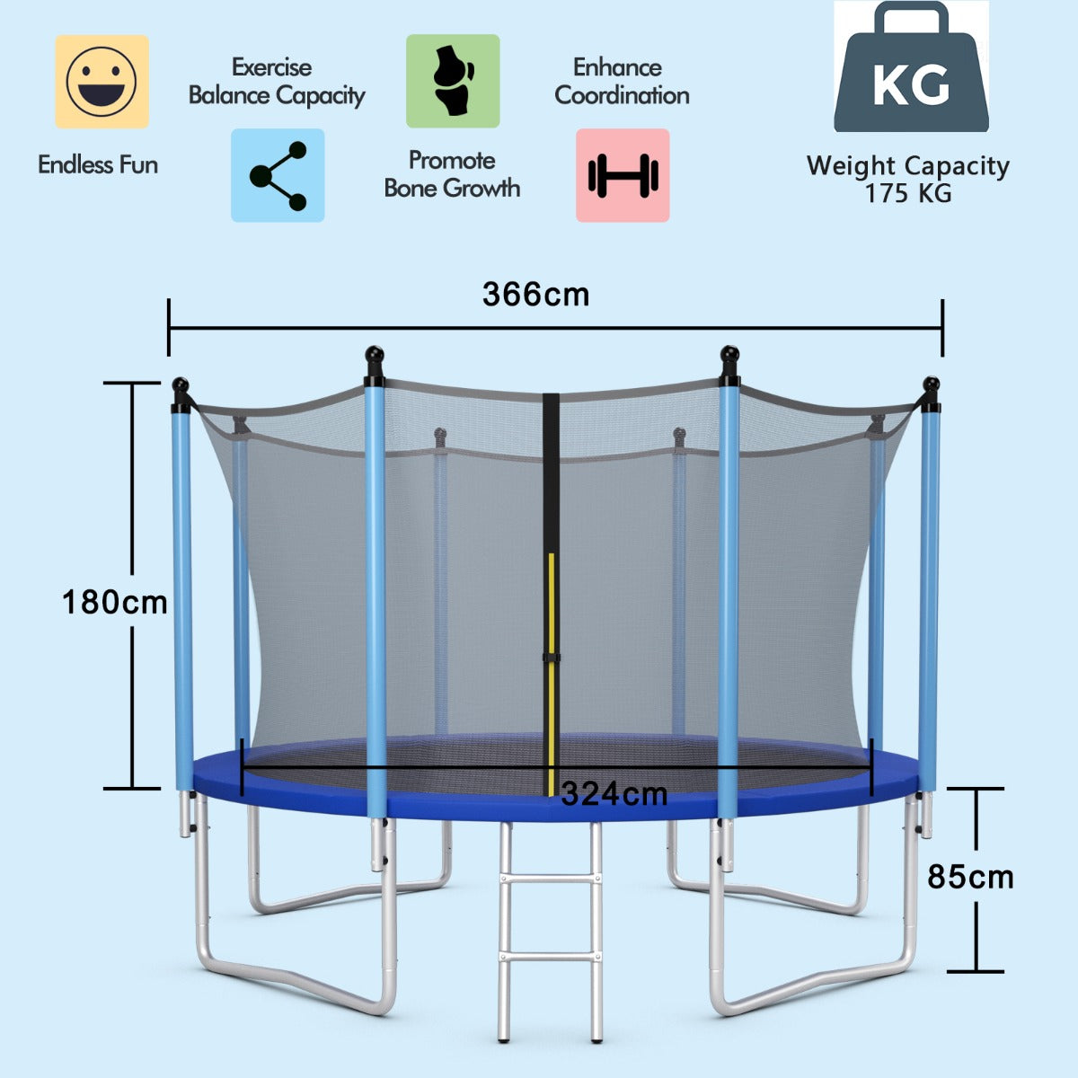 12FT Kids Trampoline with Safety Net and Ladder for Outdoor Fun and Exercise