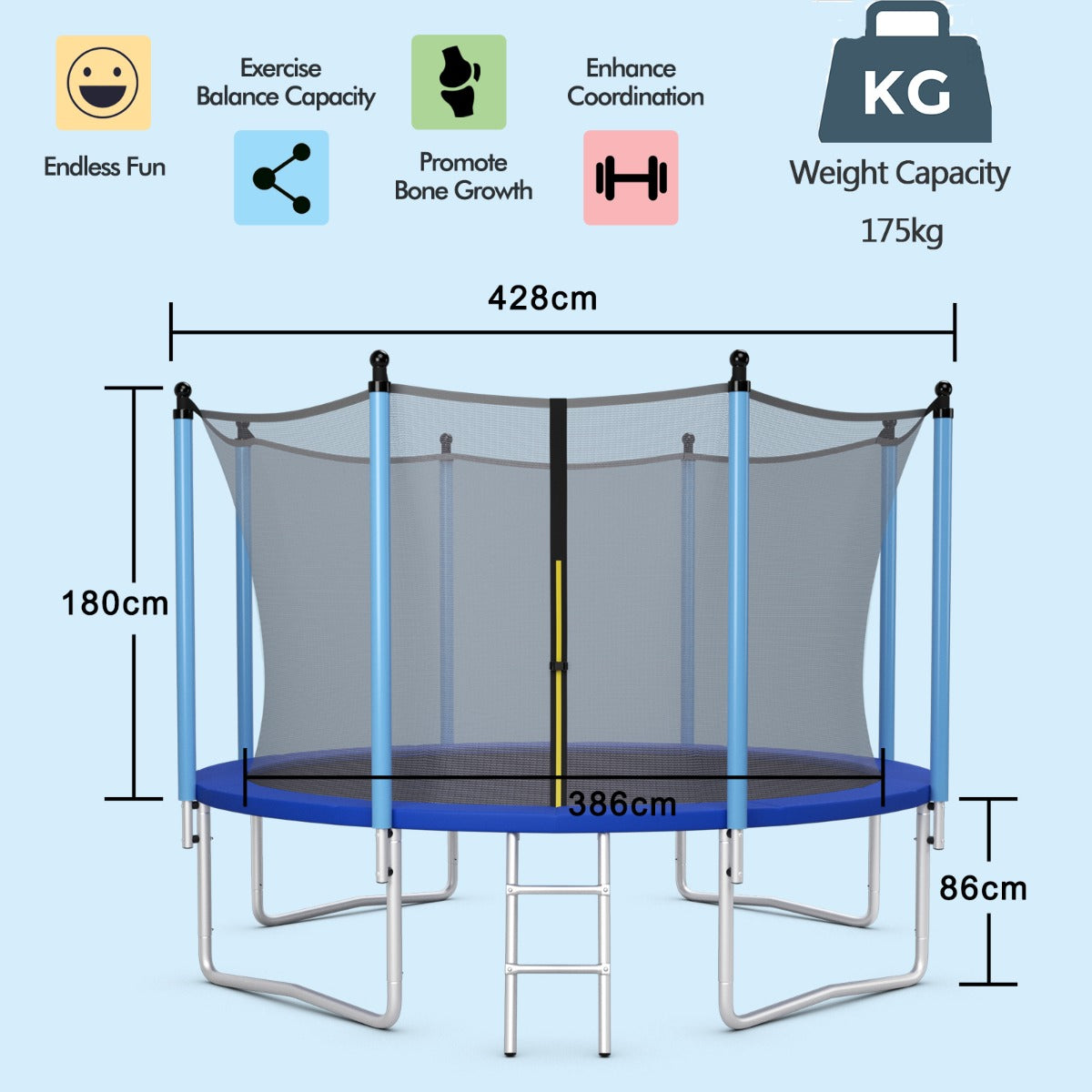 Kids 14FT Outdoor Trampoline with Safety Net and Ladder for safe, fun backyard bouncing.