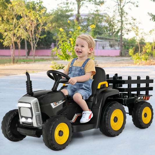 Kids 12V Electric Ride-On Tractor with Trailer and Remote for interactive backyard fun.