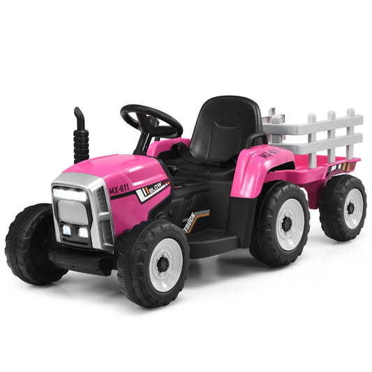 Kids electric ride-on tractor with trailer and remote control for interactive indoor/outdoor play.