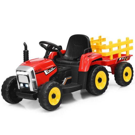 Red kids ride on tractor with trailer and remote control, perfect for imaginative play.