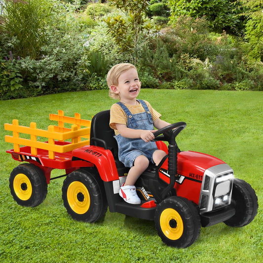 Red 12V Kids Ride-On Tractor with Trailer and Remote Control for fun play at home.