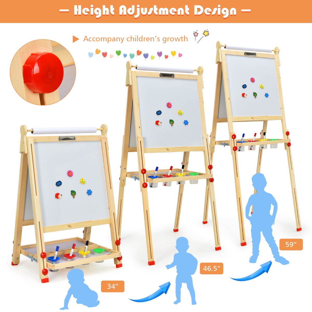 Kids wooden art easel with adjustable double-sided board for creative play at home.