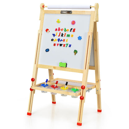 Kids wooden art easel with 3-in-1 double-sided board for creative play at home.