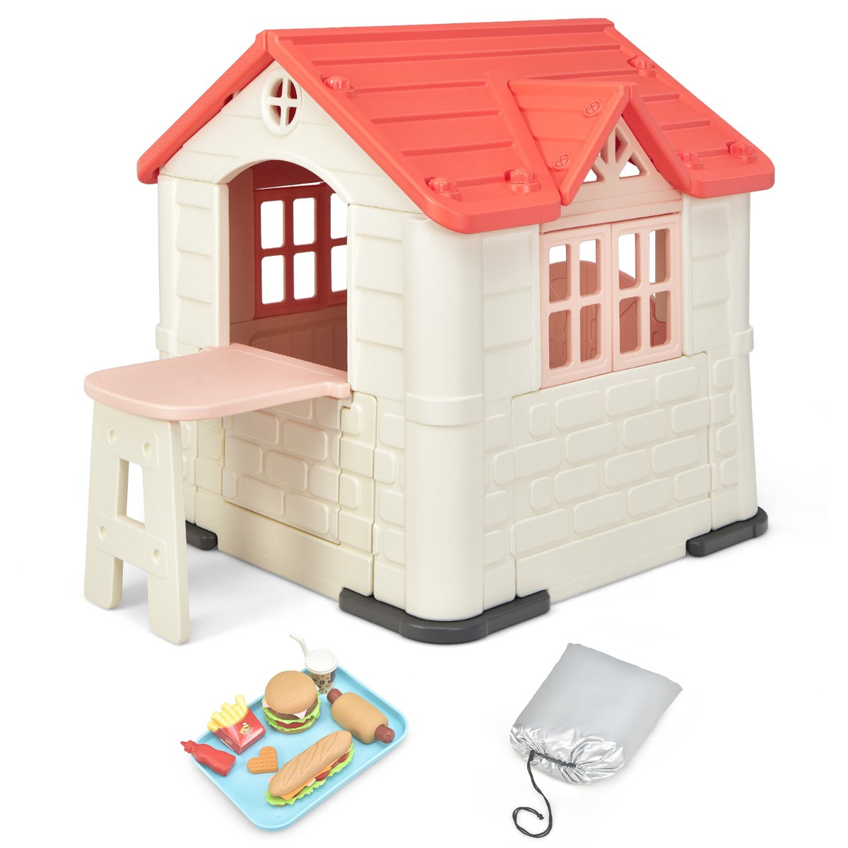 Kids pink cottage playhouse for indoor/outdoor fun, perfect for imaginative play at home.