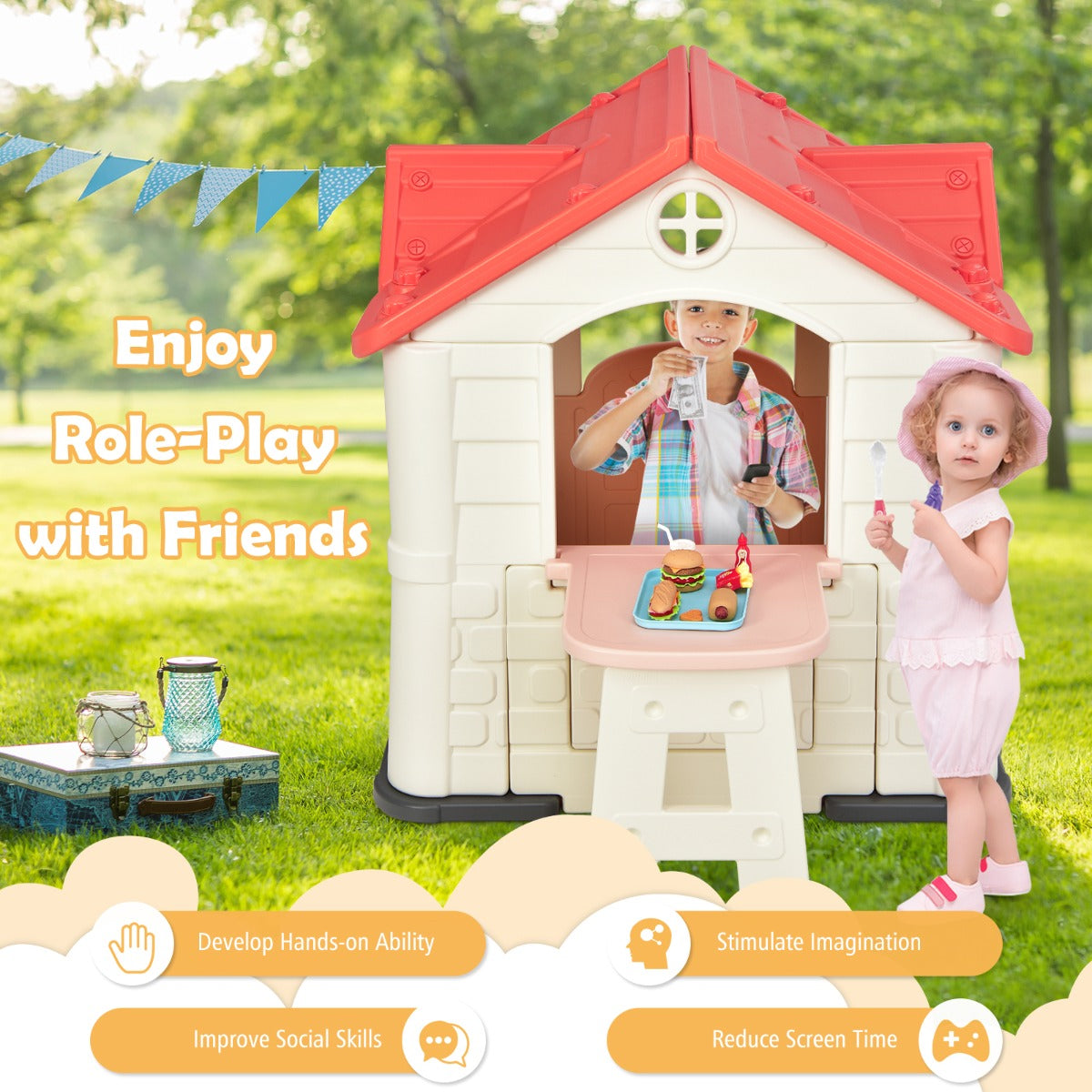 Pink kids cottage playhouse for indoor/outdoor fun, sparking imaginative play in children.