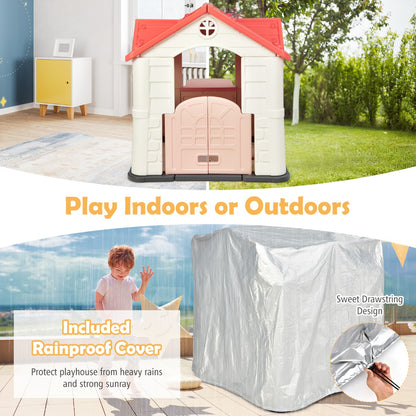 Pink pretend play cottage for kids, ideal for indoor/outdoor play, fostering imaginative play.