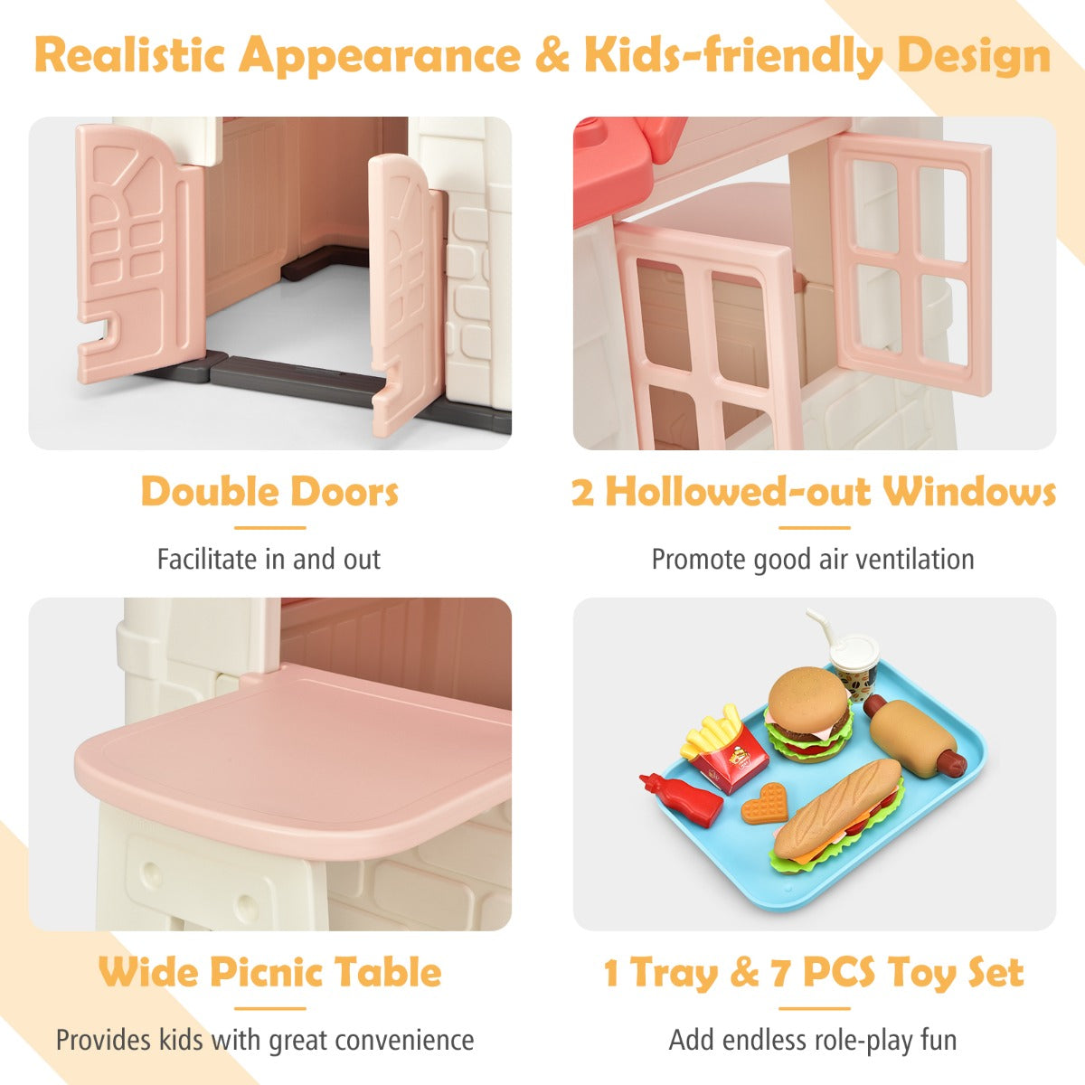 Kids pink playhouse with indoor/outdoor use, sparking imaginative fun and creativity at home.