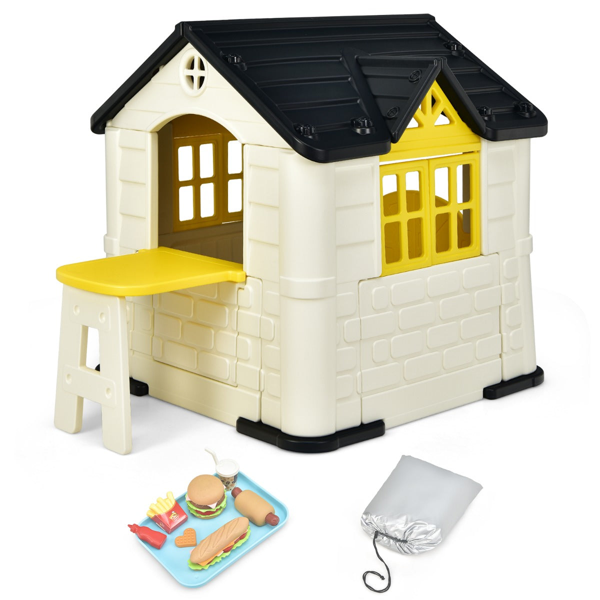 Kids yellow playhouse set with accessories, perfect for imaginative play at home.