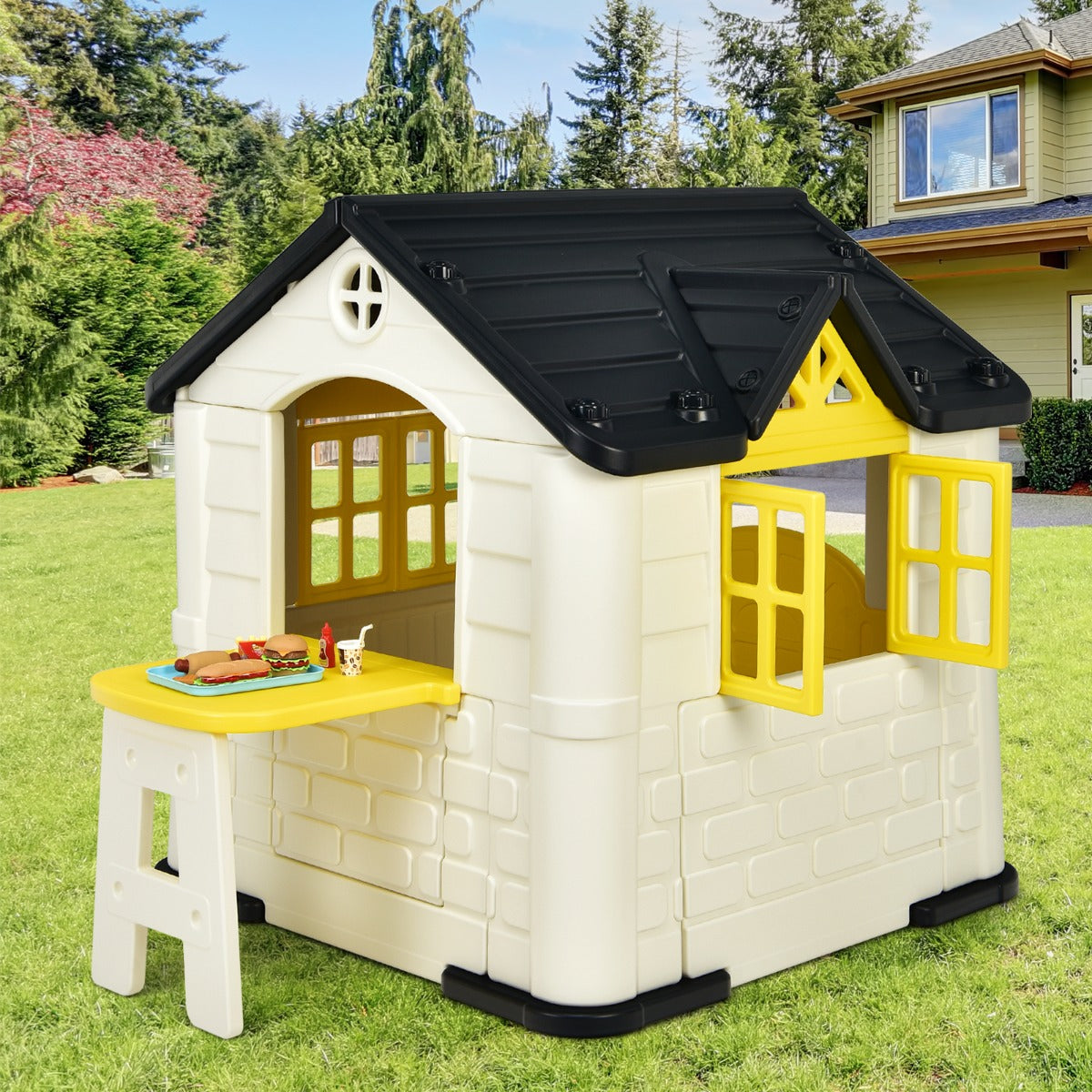 Kids yellow playhouse set with accessories for imaginative and interactive indoor fun at home.