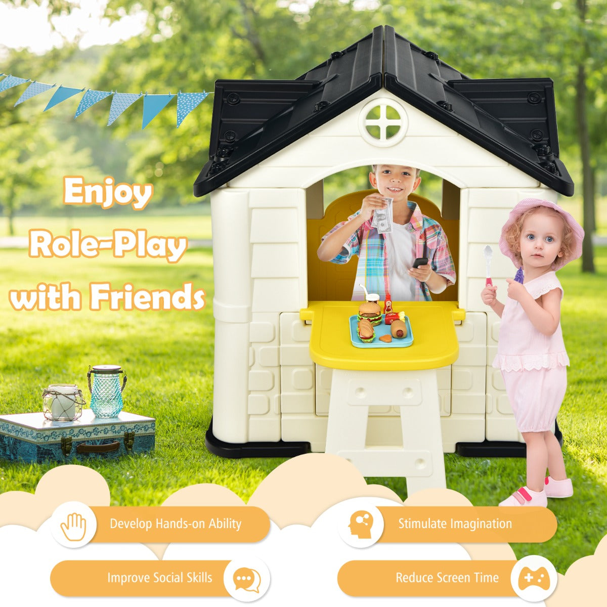 Kids yellow playhouse set with accessories for imaginative indoor/outdoor play, enhancing creativity.