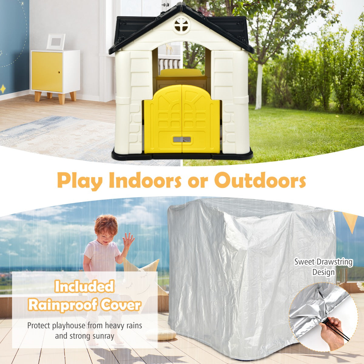 Yellow Childrens Pretend Playhouse Set with Accessories for imaginative home play activities.