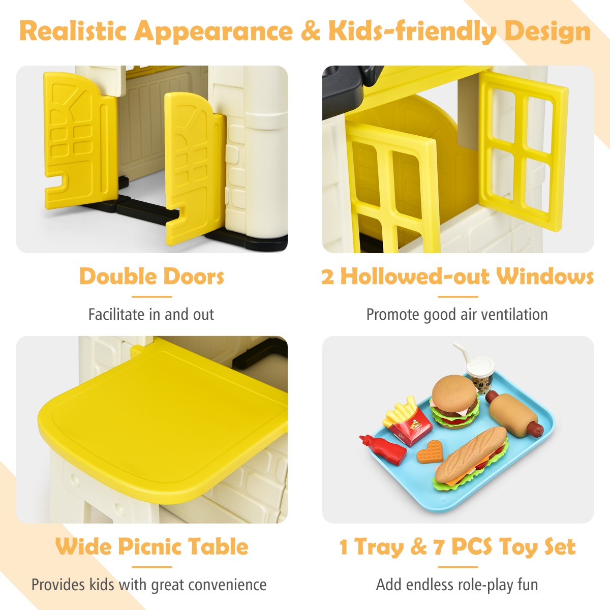 Yellow childrens pretend playhouse set with accessories for imaginative home play.