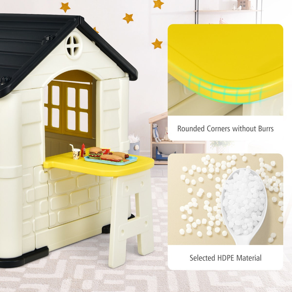 Yellow Childrens Pretend Playhouse Set with Accessories, ideal for imaginative home play.