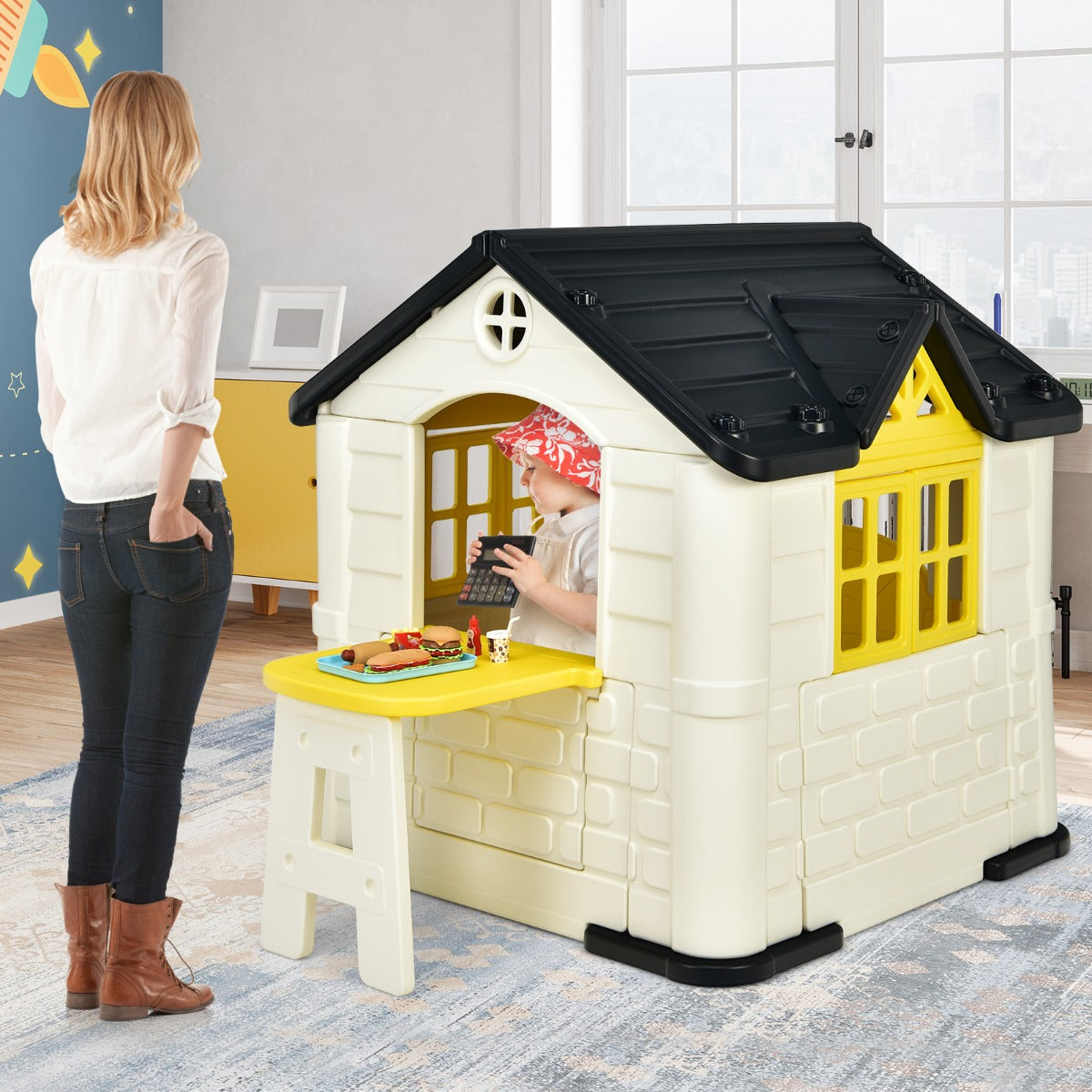 Yellow Childrens Pretend Playhouse Set with Accessories for imaginative home playtime.