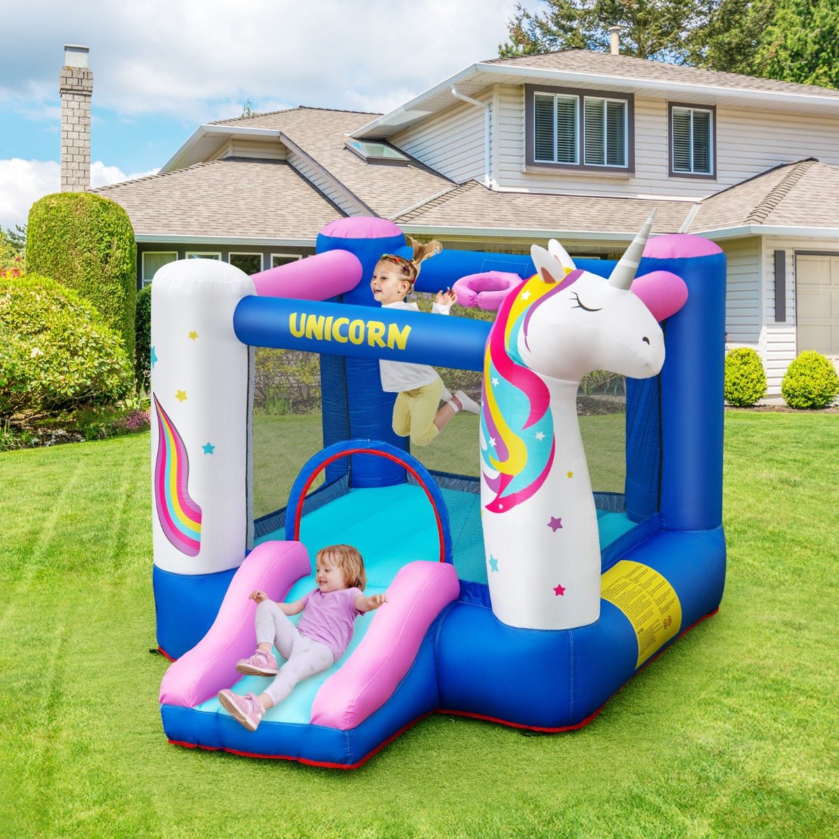 Kids Unicorn Theme Bounce House - Slide, Hoop, and Play (Blower Included)