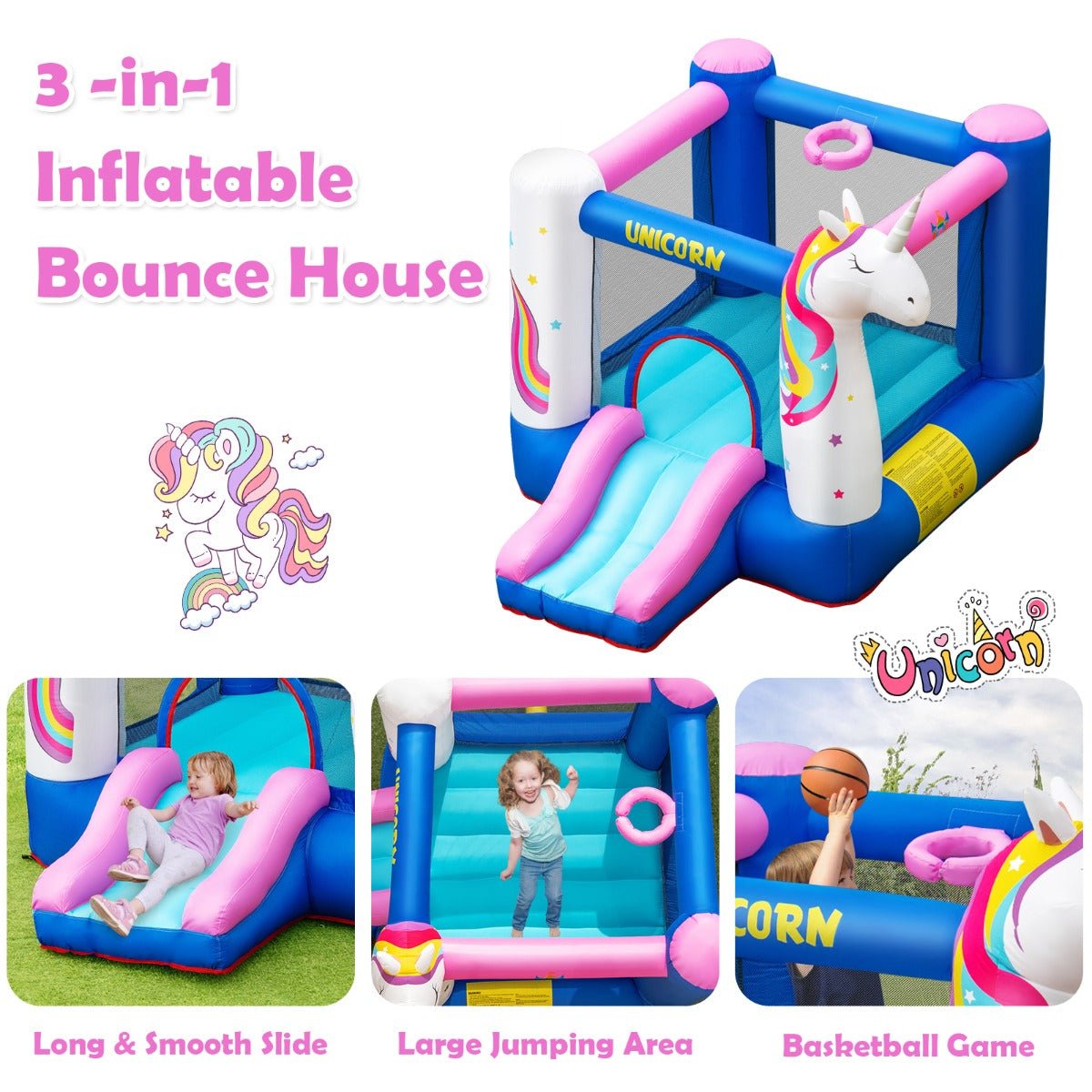 Inflatable Unicorn Theme Bounce House - Slide and Bouncing Magic (Blower Included)
