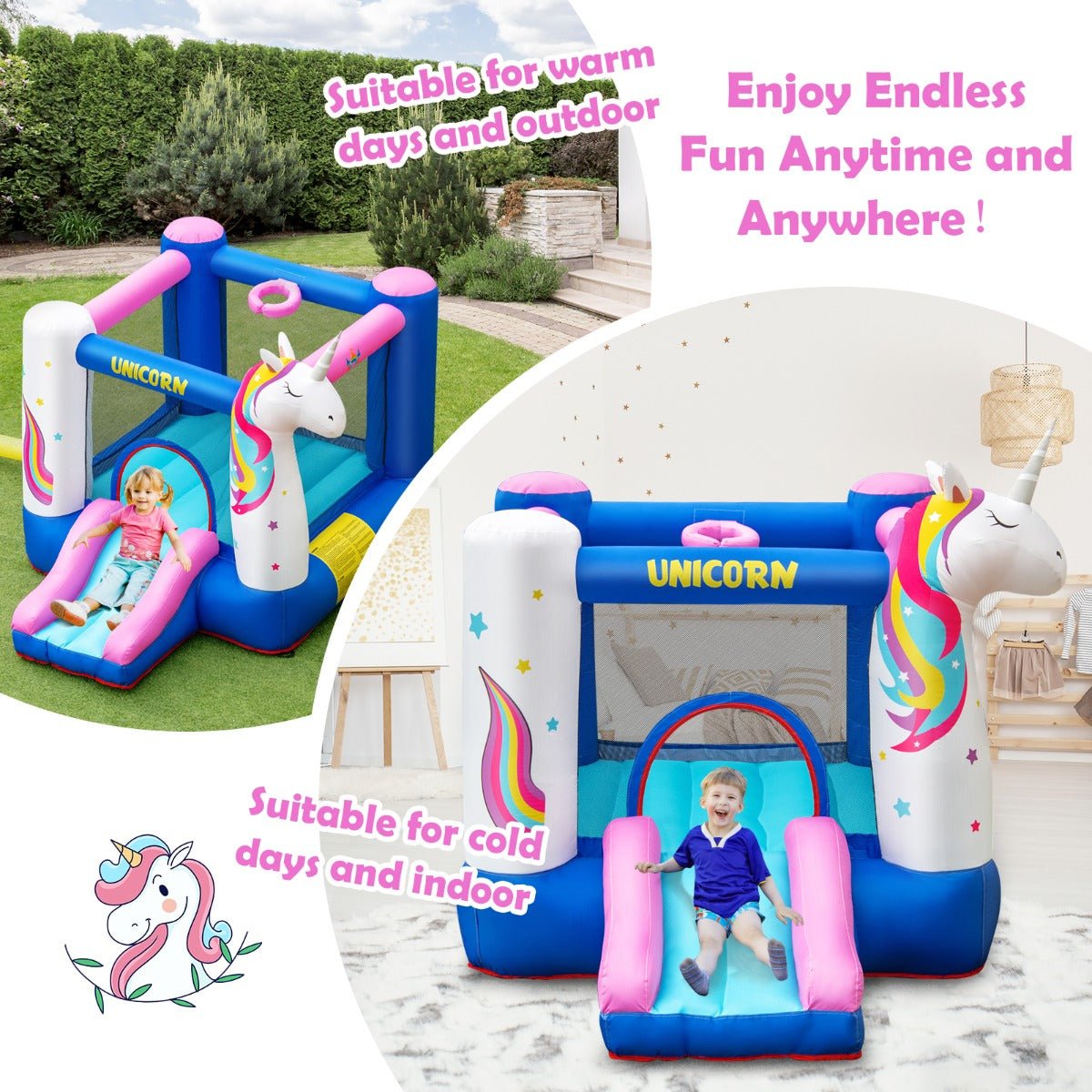Children's Unicorn Bounce House - Slide, Hoop, and Fantasy (Blower Included)