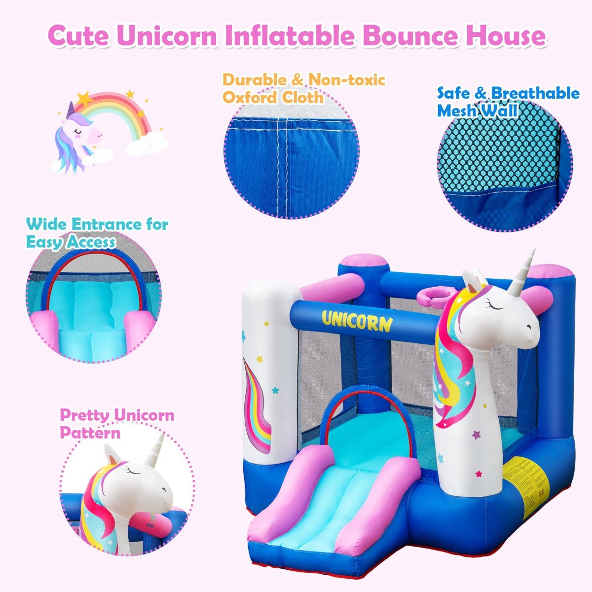 Inflatable Unicorn Theme Bounce House - Slide and Active Play (Blower Included)