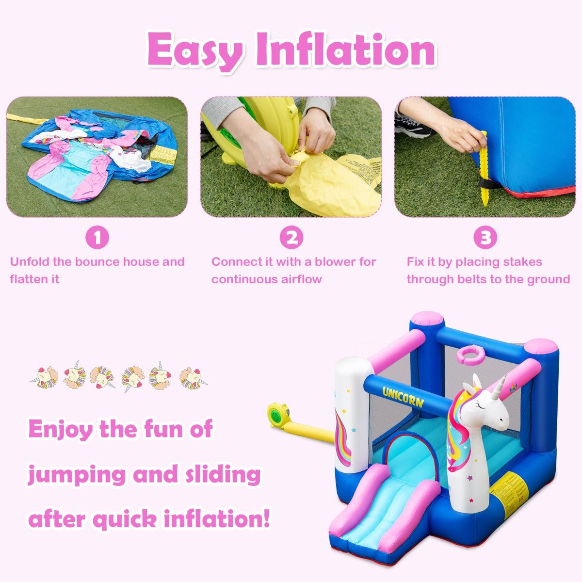 1Indoor/Outdoor Unicorn Bounce House - Slide, Hoop, and Active Play (Blower Included)
