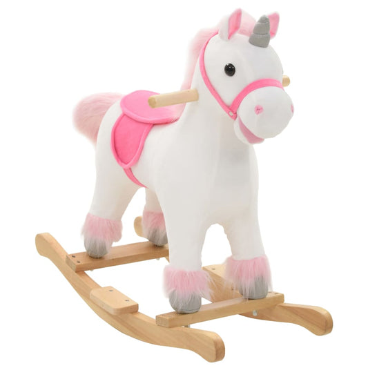 White and pink plush rocking horse toy for toddlers resembling a magical unicorn.