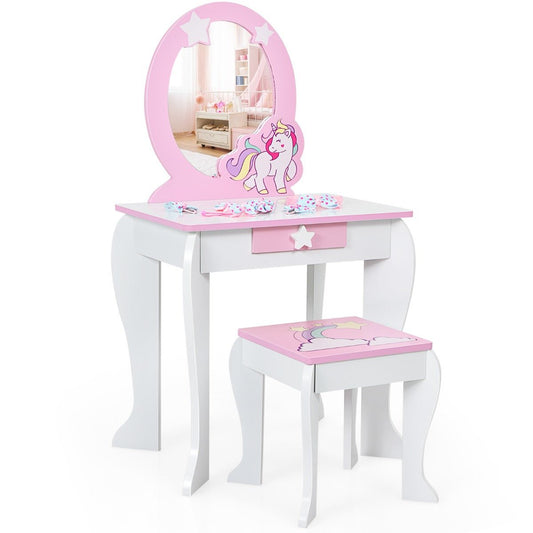 Vanity Table Set with Mirror and Stool - Playful Glamour for Kids