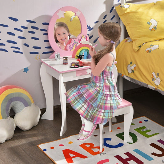 Kids Vanity and Chair Set - Mirror, Stool, and Playful Dress-Up