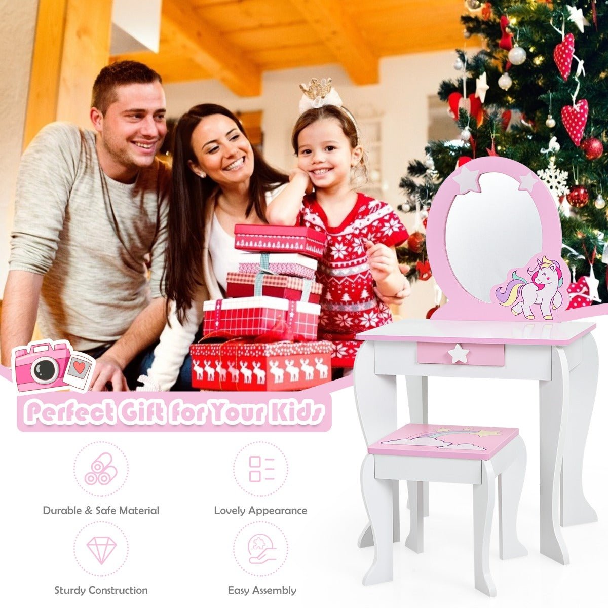 Kids Unicorn Vanity Set Pink and White Table with Mirror Chair