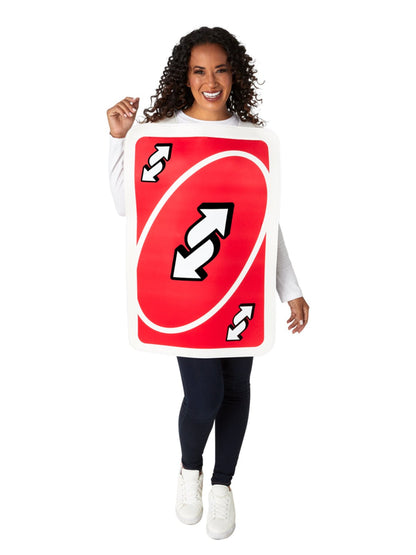 Uno Reverse Card Adult Costume featuring iconic design for playful dress-up fun at home.