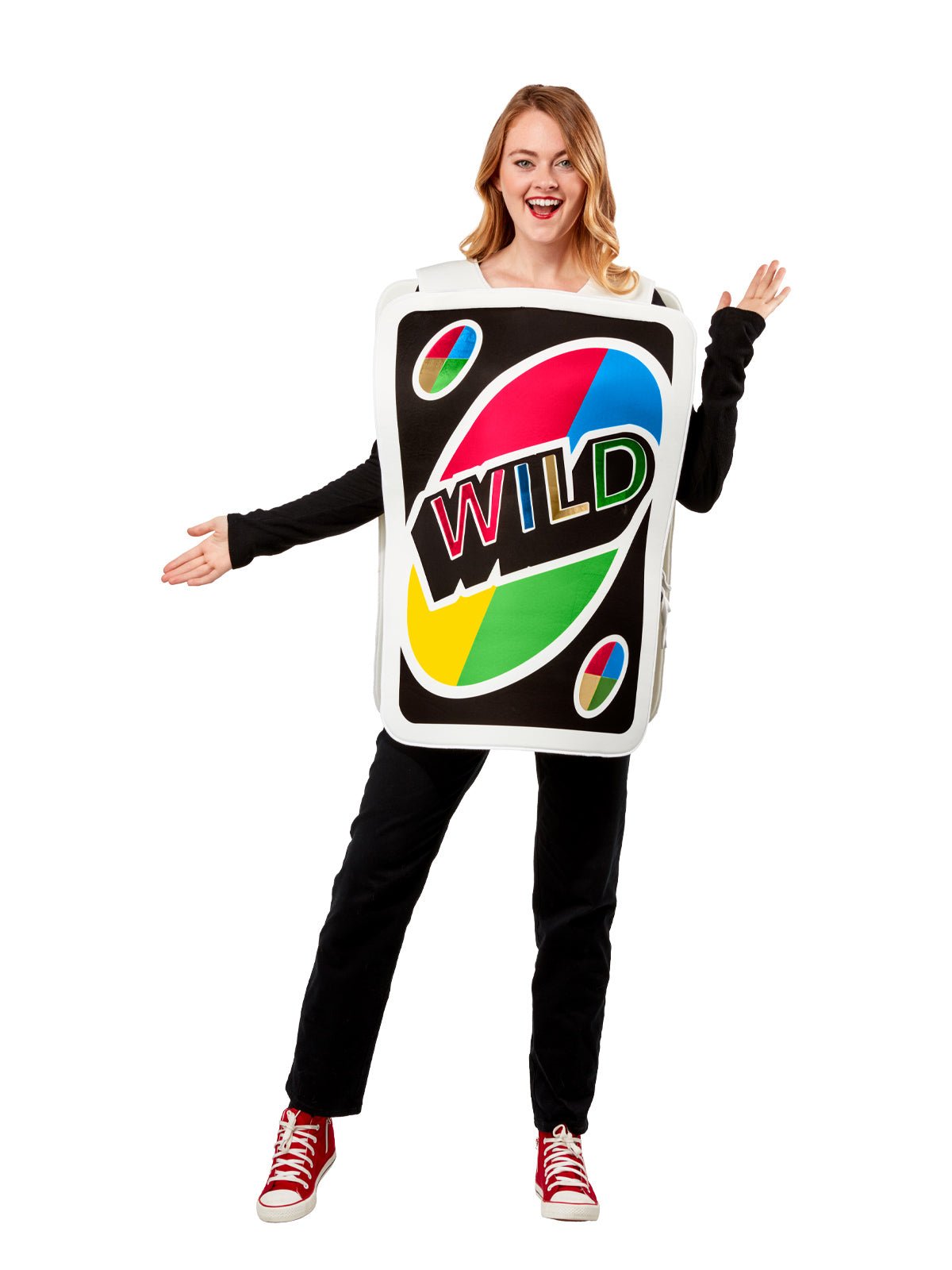 Mattel UNO Wild Card Costume showcasing draw 4 feature - ideal for kids imaginative play.