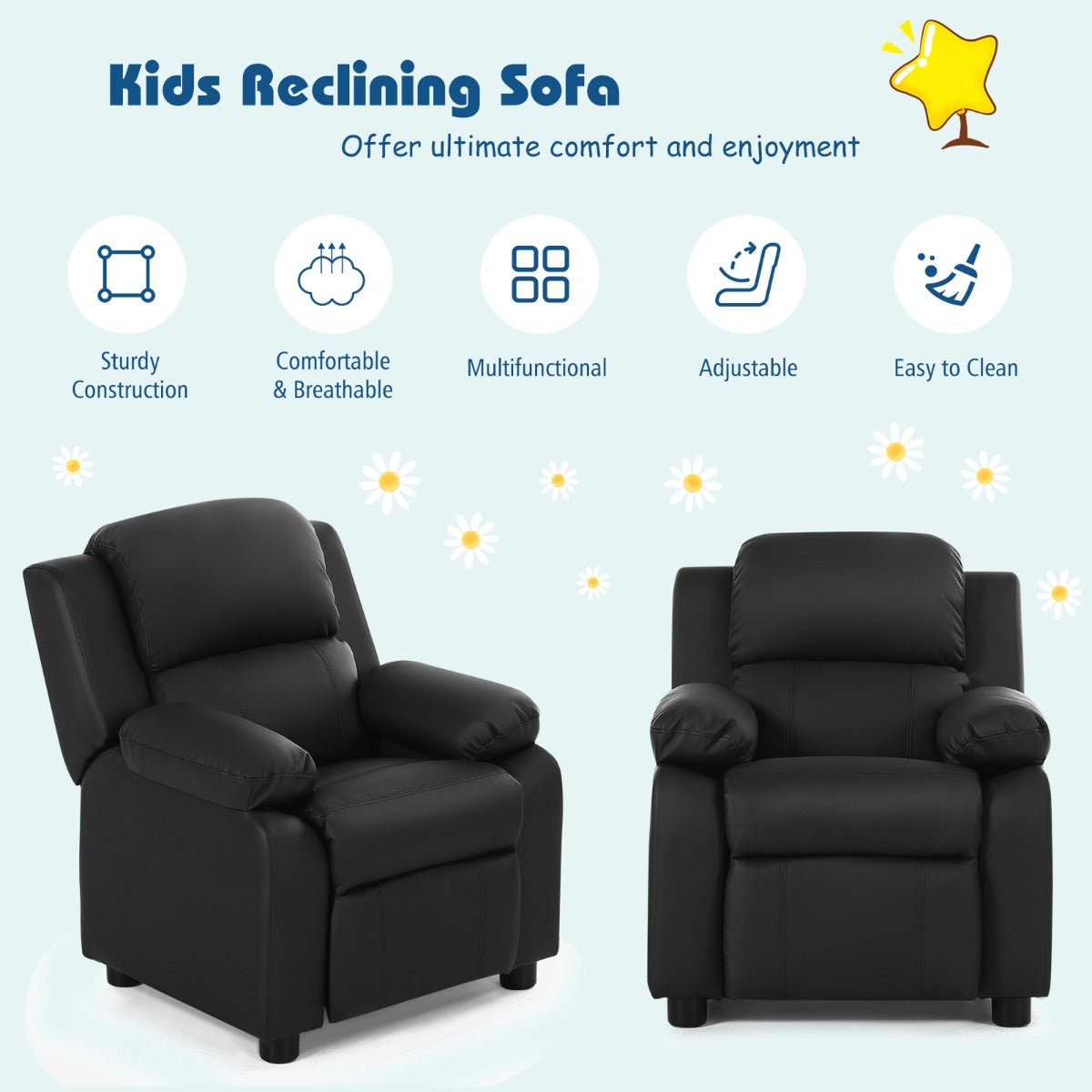 Black Kid Lounge Sofa: Easy-Clean PU Cover for Playroom Comfort
