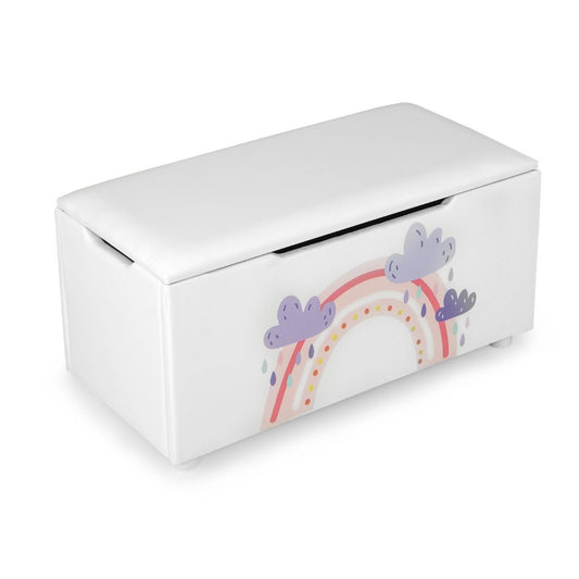 Kids White Toy Storage Ottoman - Upholstered Bench with Removable Lid