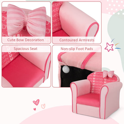 Pink velvet toddler couch with bow, ergonomic design for kids comfortable seating at home.
