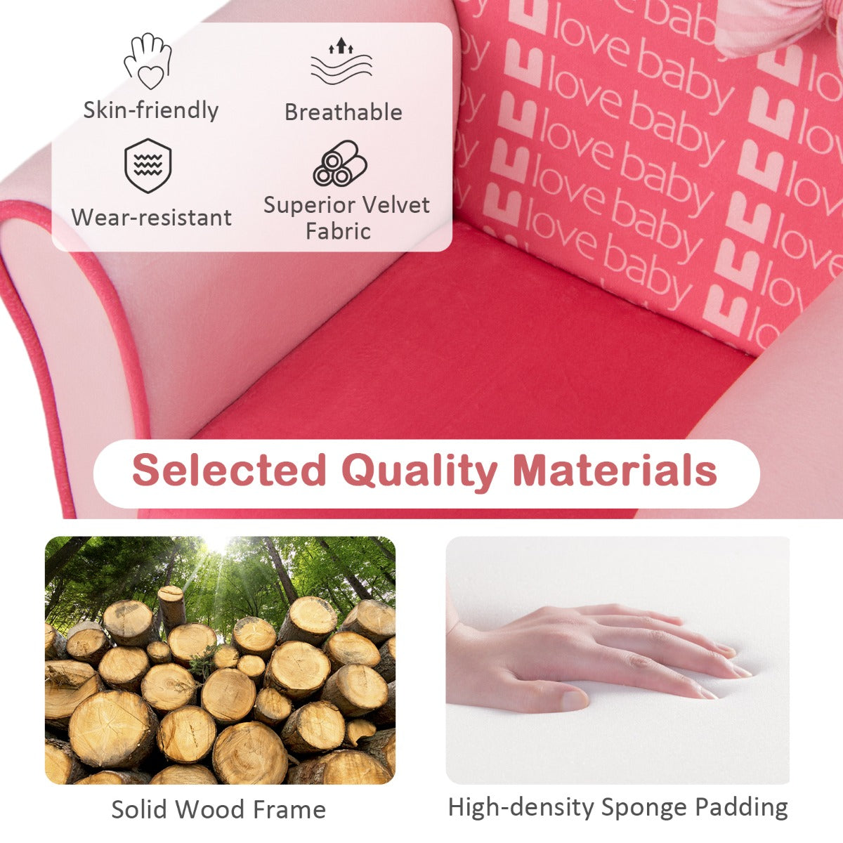 Pink velvet toddler couch with cute bow detail. Ergonomic design for kids comfort at home.