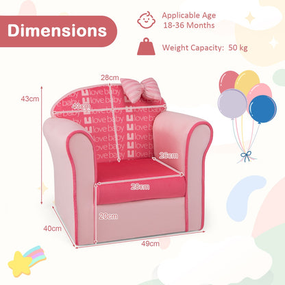 Pink velvet toddler couch with bow, ergonomic design for kids comfort and style at home.